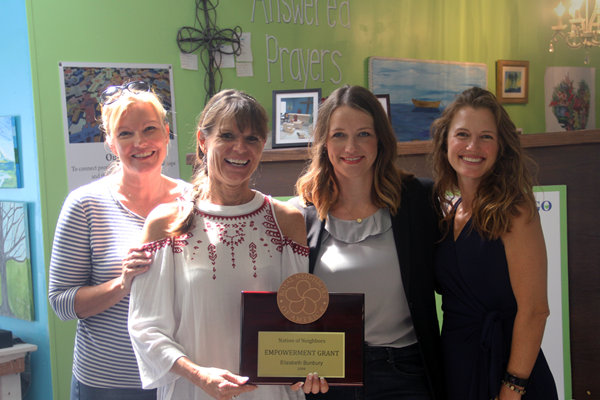 Photo of Kadi Tubbs (nominator), Elizabeth Bunbury (grant recipient), Amy Jones, Royal Neighbors Director of Philanthropy, and Courtney Cline Erickson (Sewn Together Program Director)