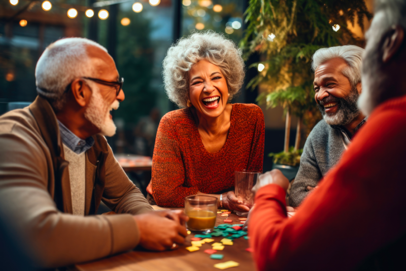 Older friends laughing at a table with board game pieces and coffee.