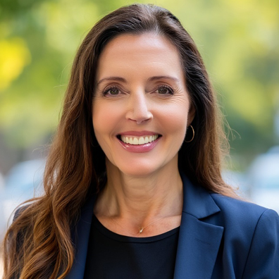 photo of Smiling woman with a navy suit coat outside with greenery background.