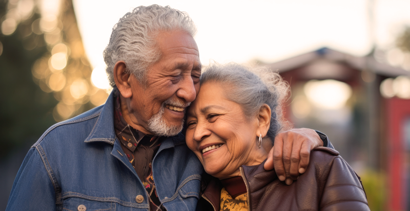 Older smiling couple outside.