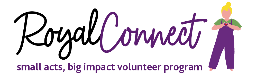 Graphic image of text RoyalConnect - small acts, big impact volunteer program and blonde girl illlustration