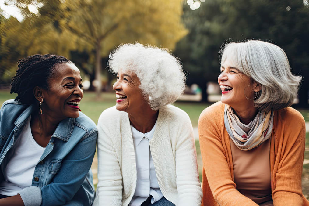 Three older diverse women laughing outside on a park bench in the autumn.