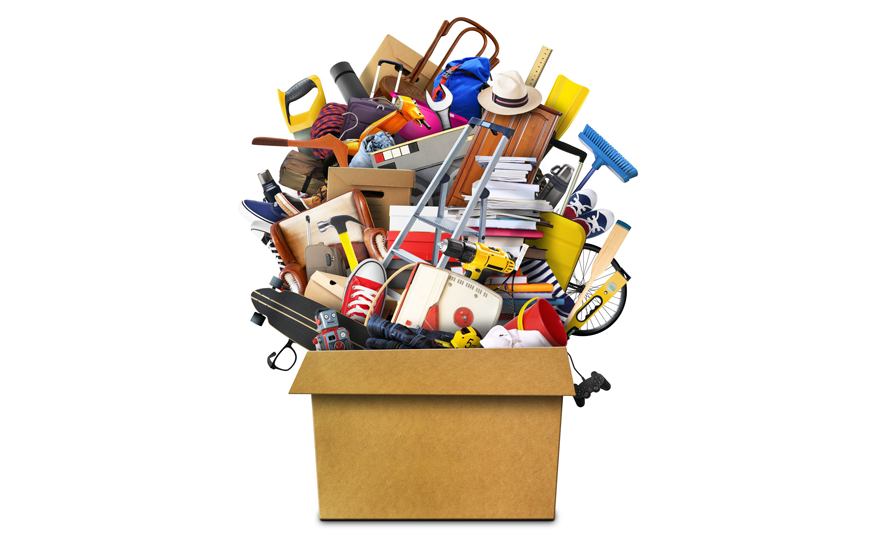 Cardboard box of various items.