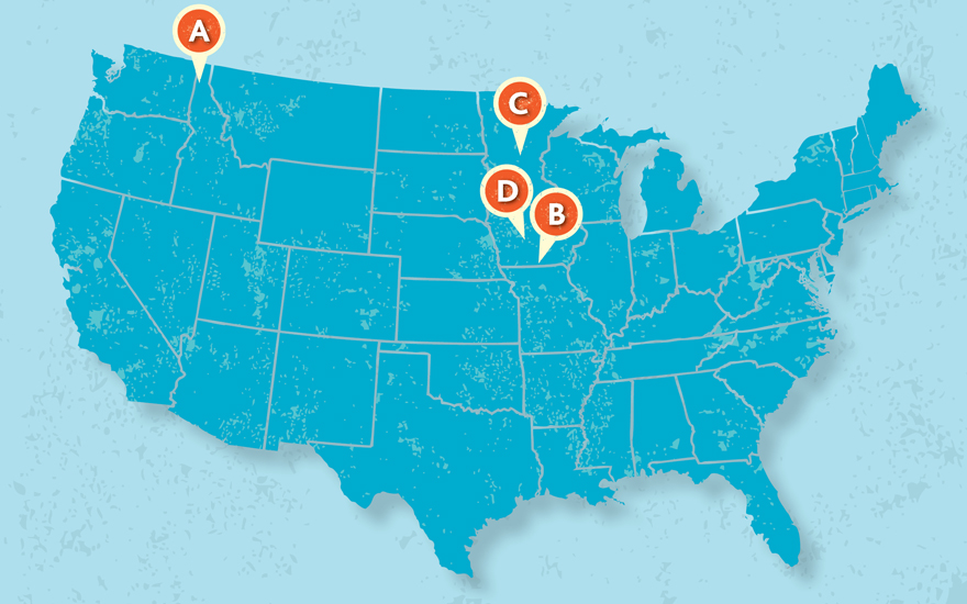 United States map with pins in Idaho, Minnesota, and Iowa