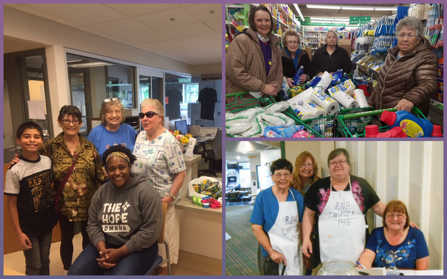 Photo collage of three group of happy chapter members volunteering.