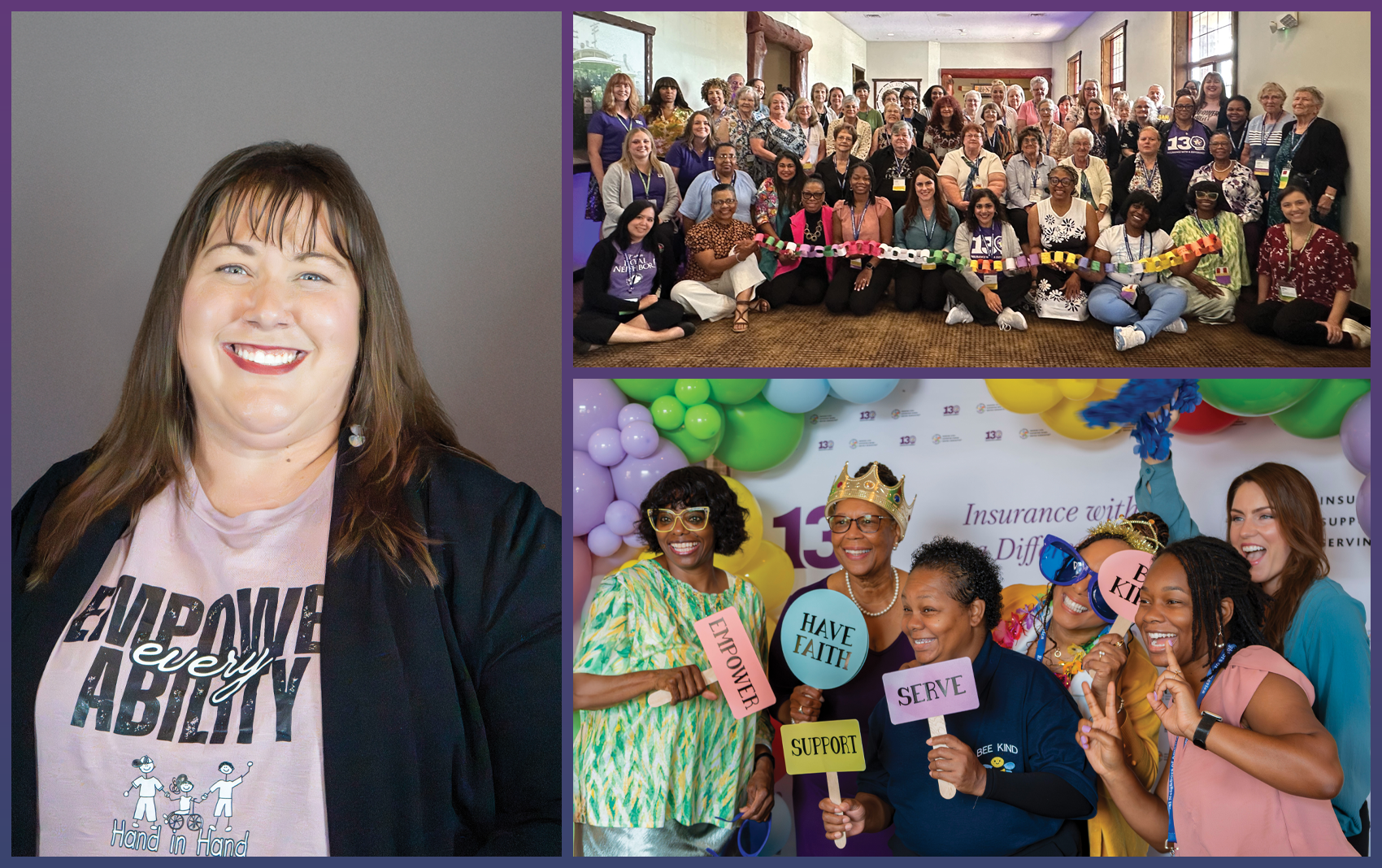 Collage image with a close up of a smiling woman, a big group with a colorful paper chain, and a smaller group with balloons and photo props.