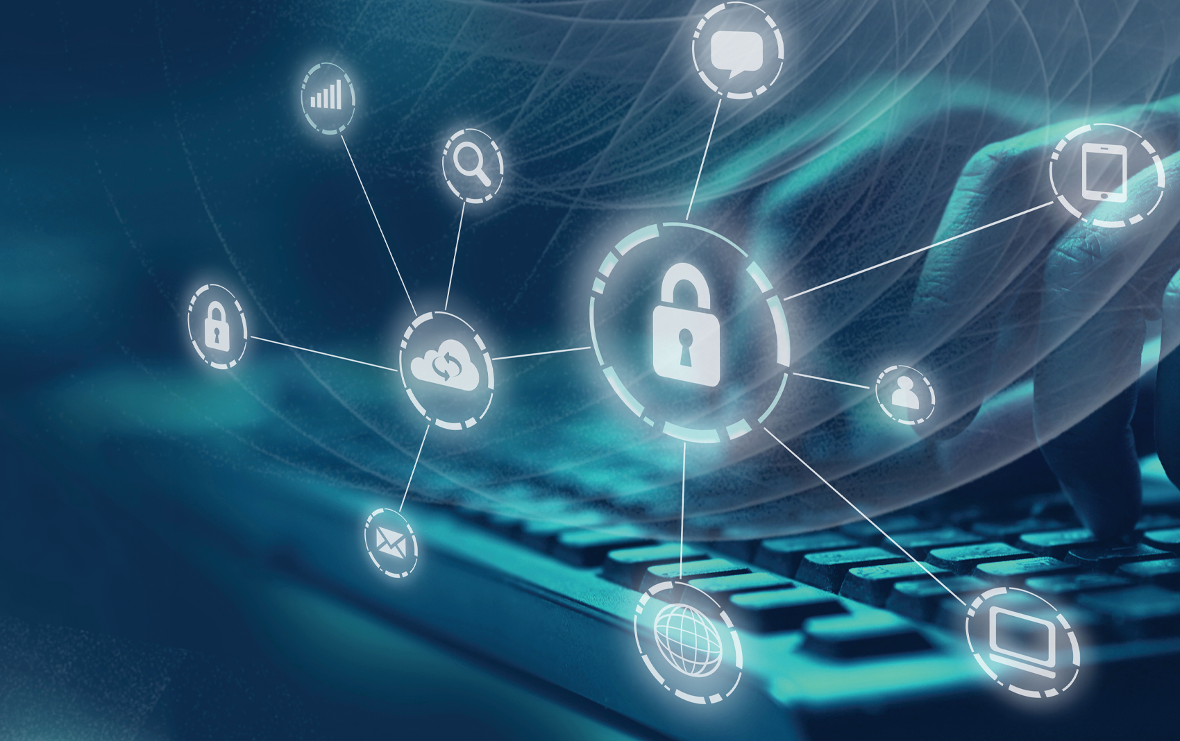 Blue/teal background - tech look with icons swirling over a keyboard.