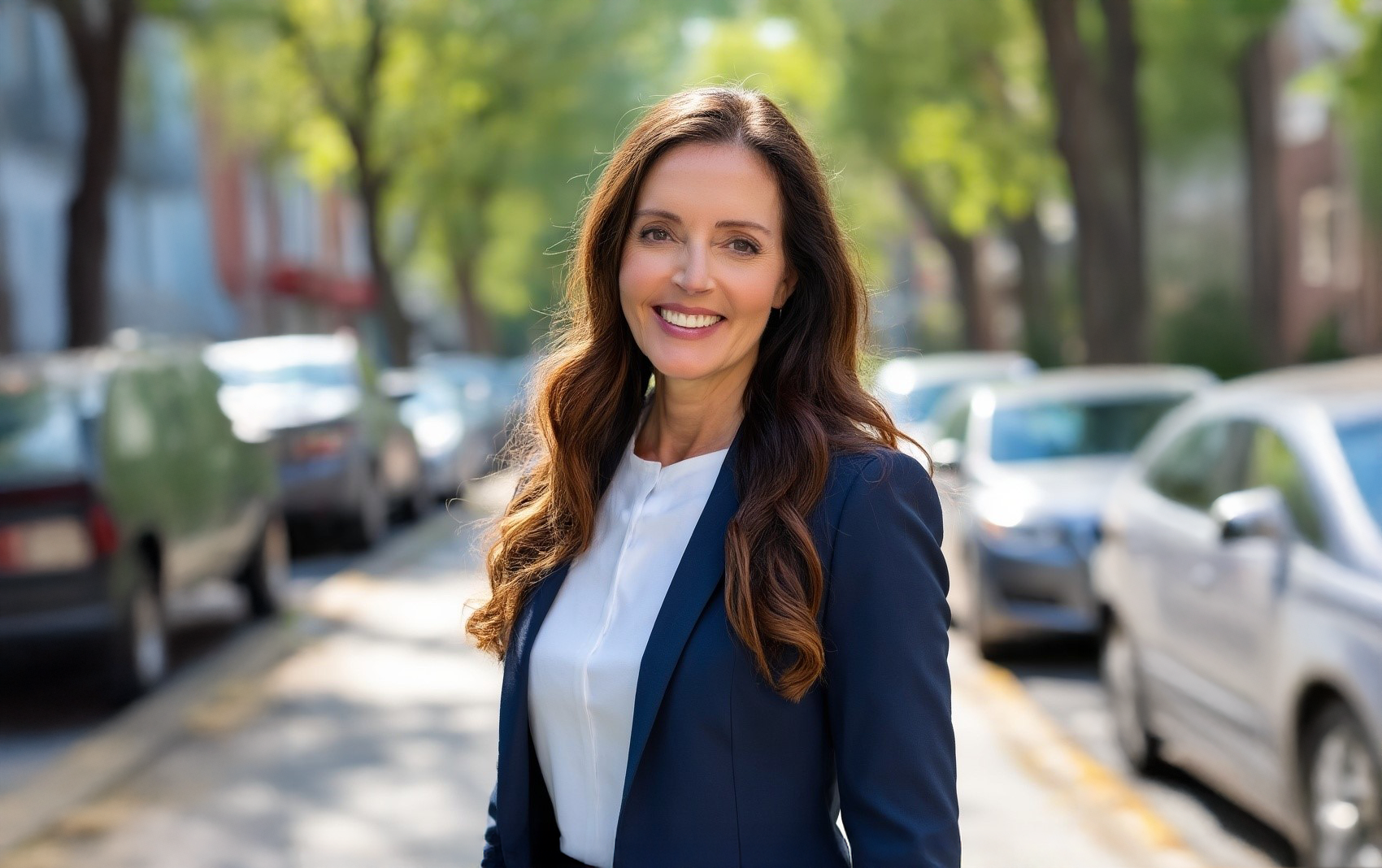 Smiling woman in a navy colored suit with a white shirt on a sidewalk between parked cars on either side.