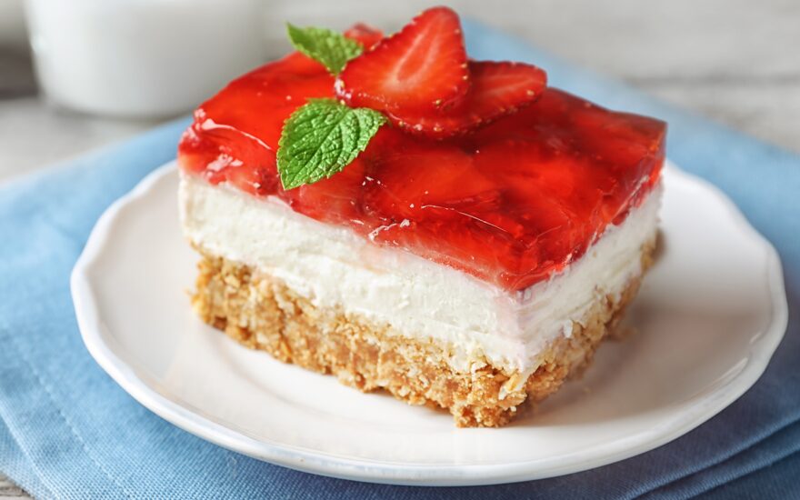 Close up of strawberry pretzel salad.