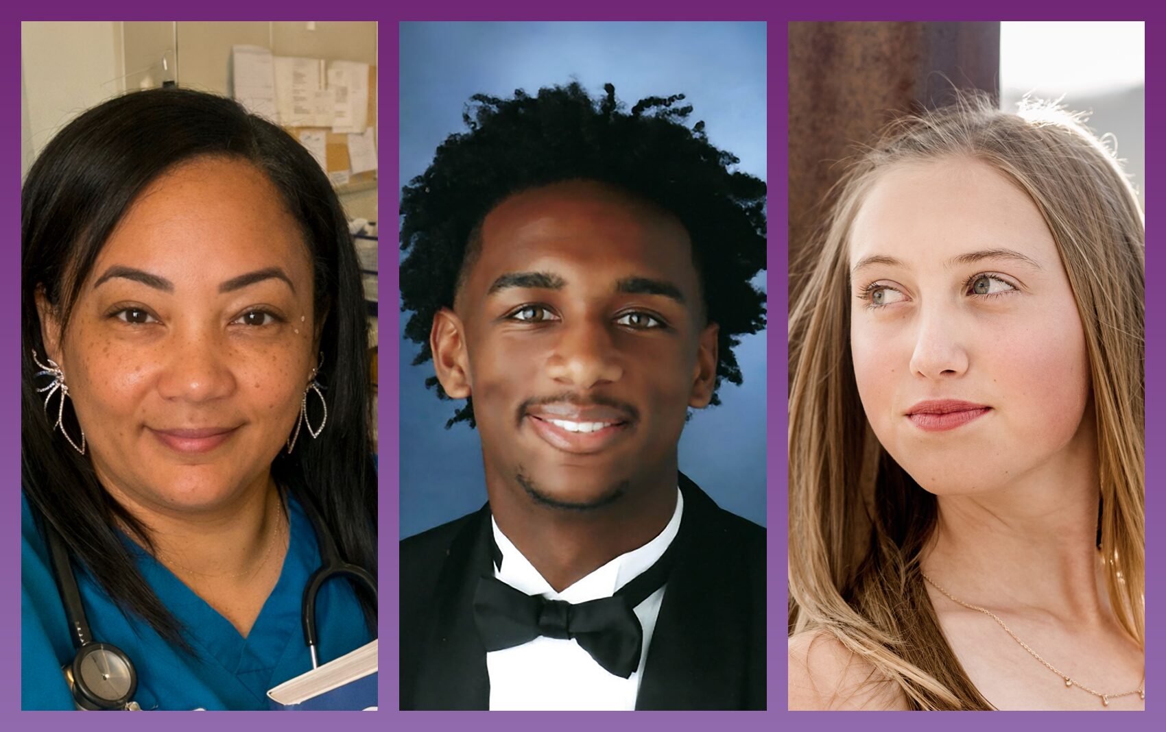 Three photo collage of happy scholarship recipients with purple gradient border.