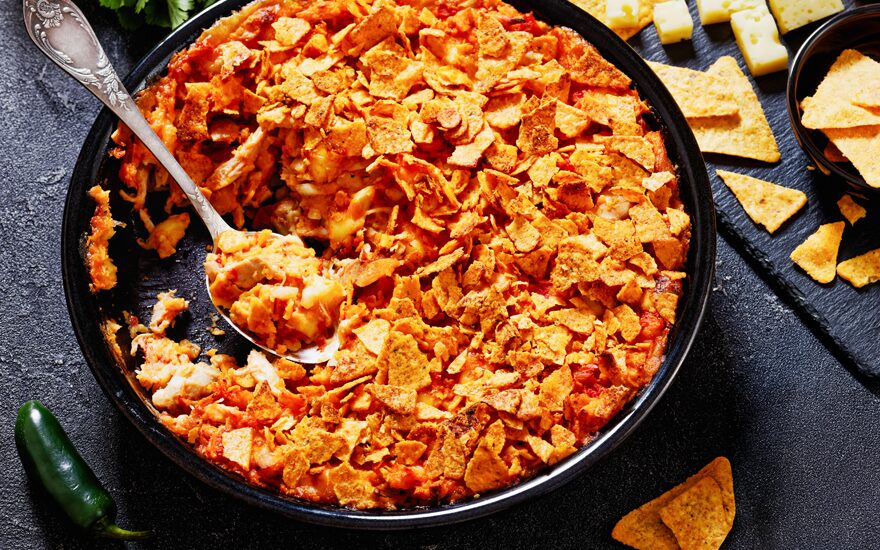 Close up of nacho chicken casserole.